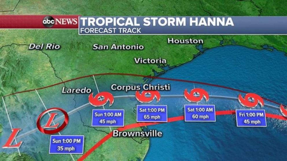 PHOTO: Hanna's path shows the storm making landfall sometime around noon Saturday, near Corpus Christi, Texas.