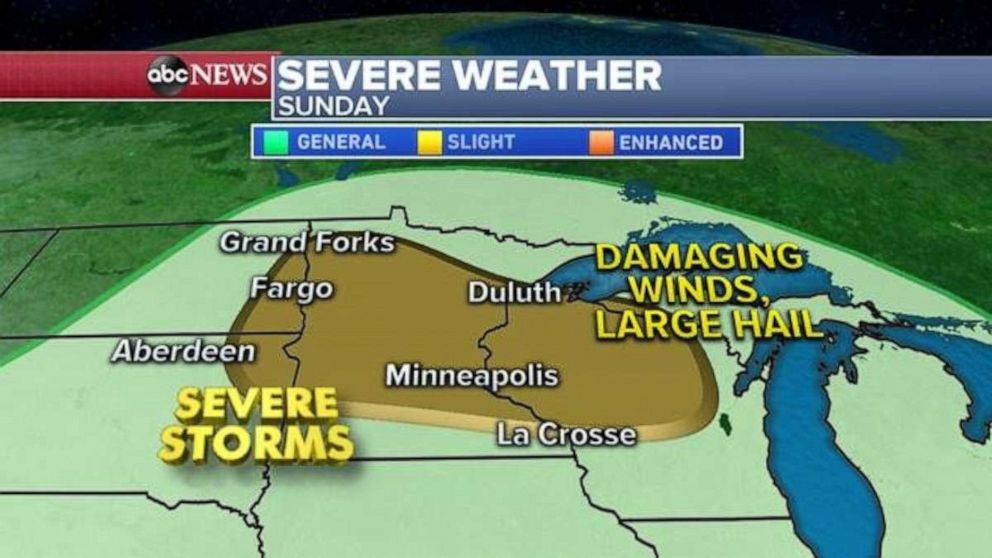 PHOTO: The threat Saturday will be from Nebraska to Minnesota, and then will move into central Minnesota and Wisconsin by Sunday.
