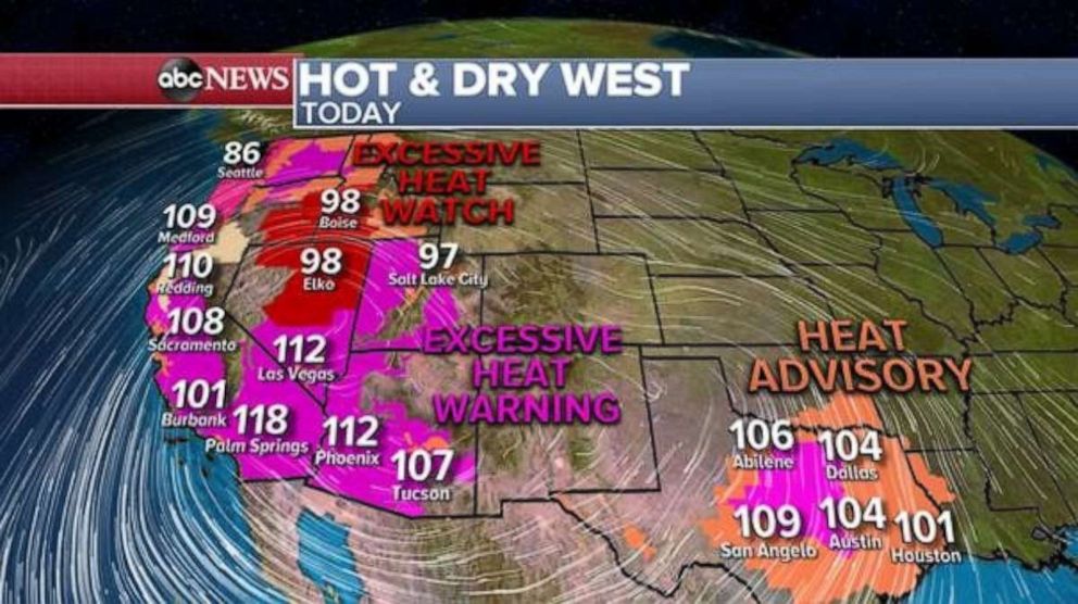 PHOTO: Saturday afternoon high temperatures are expected to break into the triple digits in several parts of the U.S., including central Texas, and further west in Arizona and California.