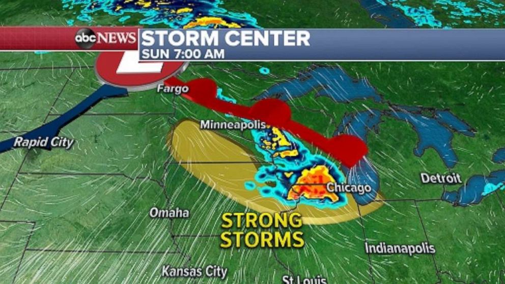 PHOTO: During the overnight hours Saturday to the early morning hours Sunday, a front will pass through portions of Minnesota, Iowa, Wisconsin and Illinois, triggering some thunderstorms. 