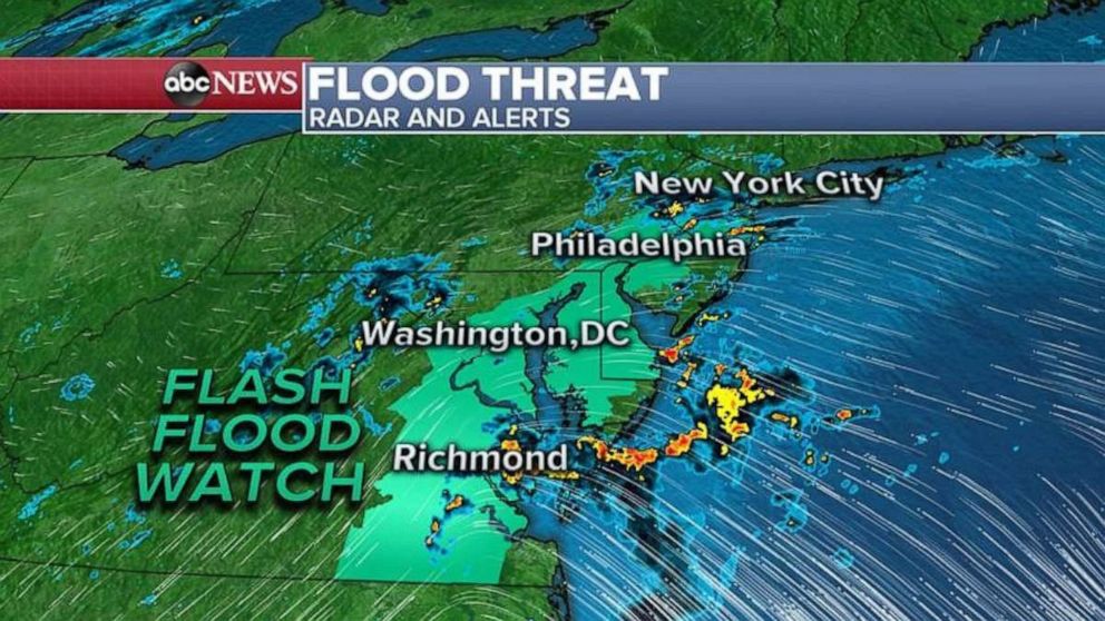 PHOTO: Along the East Coast, a flash flood threat is possible for Washington D.C., Philadelphia and just south of New York City. 