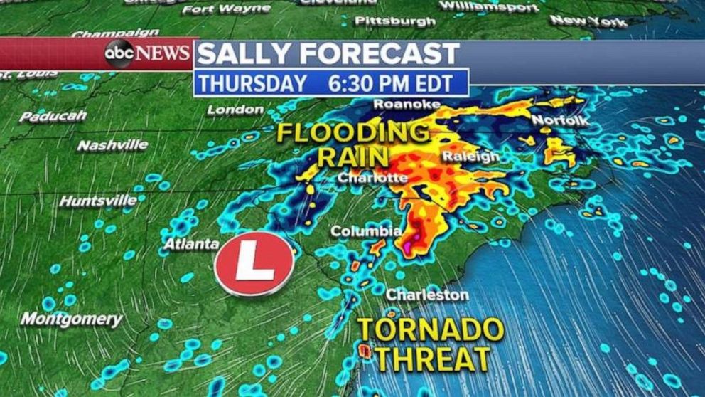 PHOTO: As Sally remnants move east Thursday afternoon and evening, there is a threat for flooding rain from Atlanta to Charlotte and Raleigh, North Carolina.