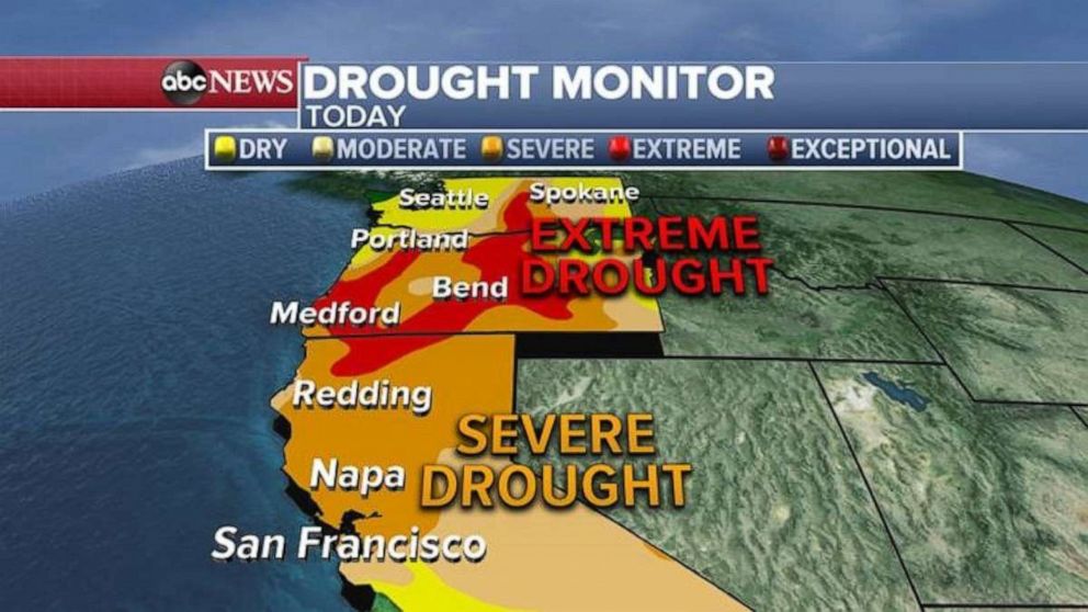 PHOTO: On top of the wind and heat, most of northern California is experiencing severe to extreme drought. These dry conditions are helping to fuel the destructive fires.  