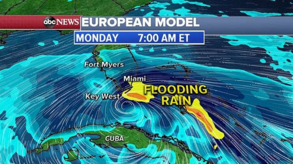 PHOTO: A European model shows the new developed Eta just south of Florida Keys by Monday morning with heavy rain plaguing Miami-Dade County.