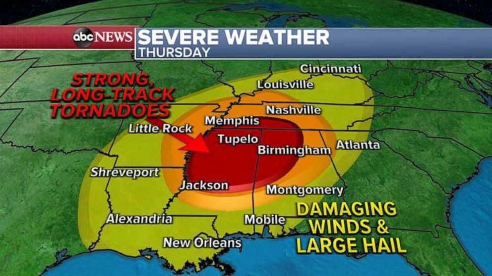 PHOTO: By Thursday, this storm system will move east into Tennessee River Valley and the Deep South, with significant tornado threat from Memphis, Tennessee, to Birmingham, Alabama, and down to Jackson, Mississippi.