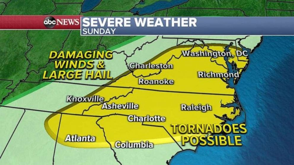 PHOTO: By Sunday, the severe weather risk will move into the Southeast and Mid-Atlantic.