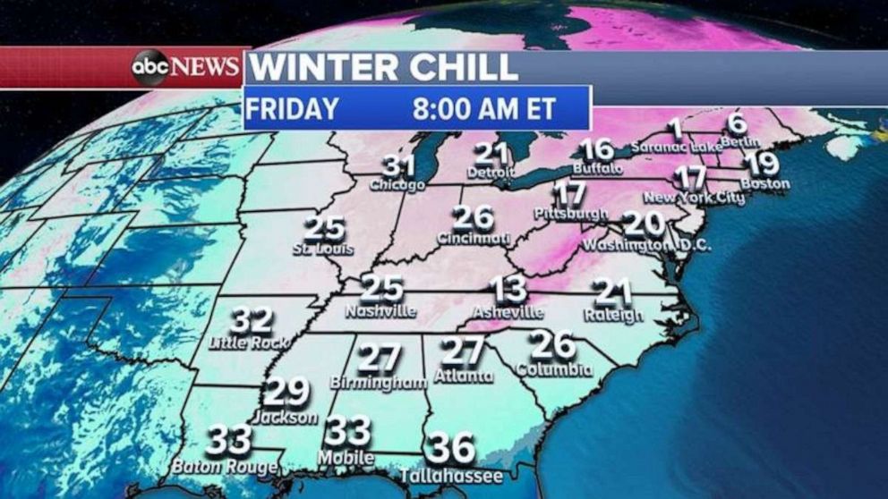 PHOTO: Wind chills Friday morning are in the teens and single digits in the Northeast and 20s and 30s in the Deep South.