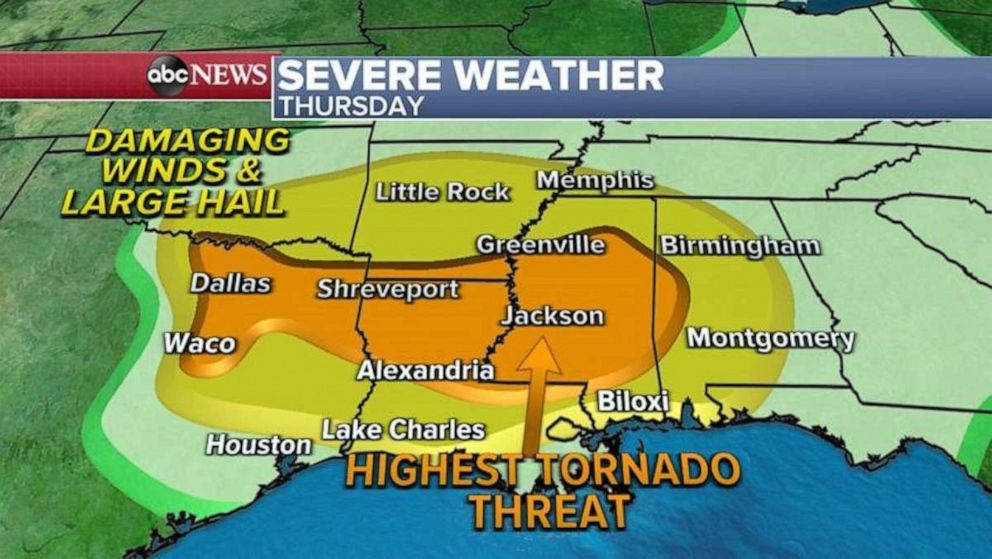 PHOTO: Damaging winds, a few tornadoes and large hail threats will extend from Dallas all the way to Birmingham, Alabama.