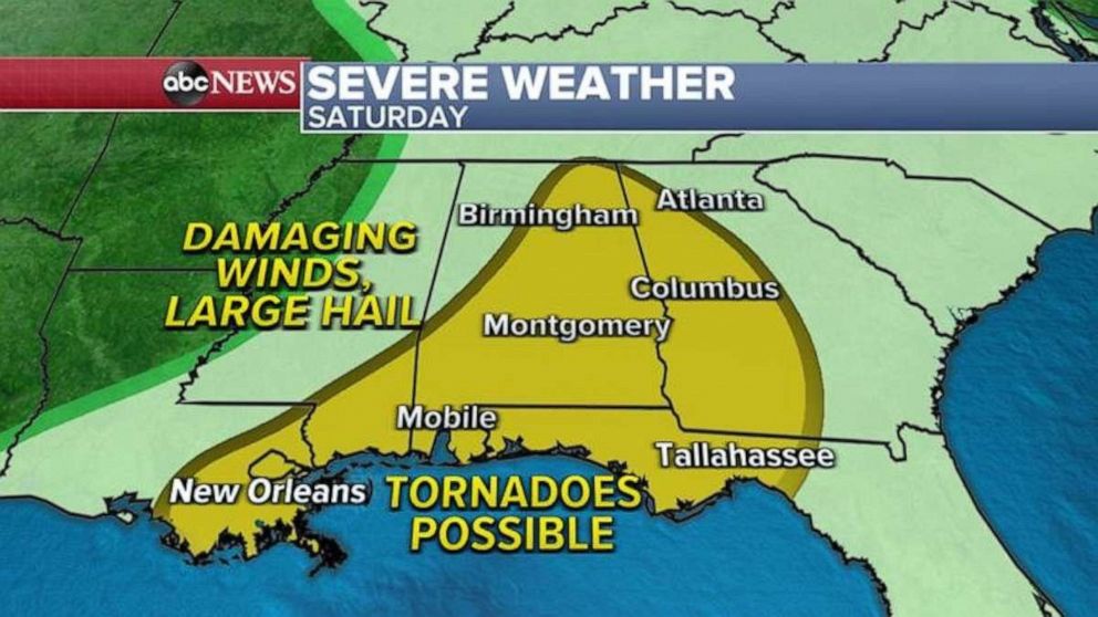 PHOTO: The severe weather threat will not move much Saturday, with tornadoes and damaging winds possible from New Orleans to Atlanta.