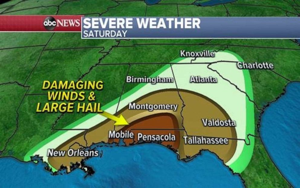 PHOTO: More storms are hitting the South Saturday afternoon through this evening from southeast Louisiana to the Florida Panhandle, extending to the western parts of Georgia.