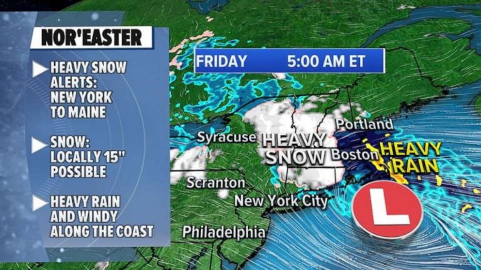 PHOTO: A Nor’easter is bringing heavy snow from upstate New York into New England, where a winter storm warning and winter weather advisory have been issued.