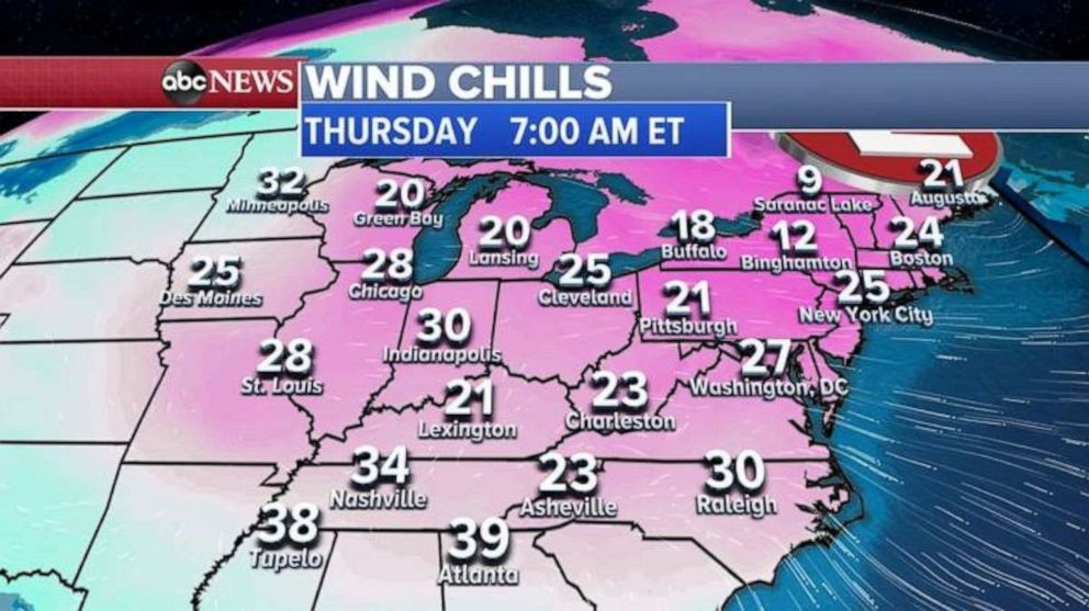 PHOTO: The coldest air will move into the Northeast and the East Coast Thursday morning.
