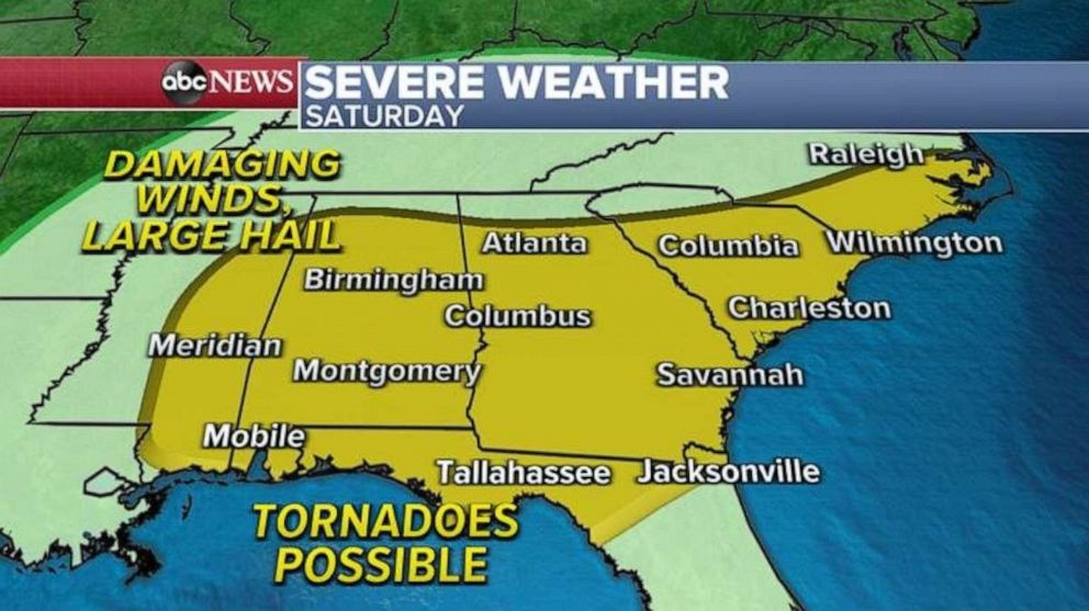 PHOTO: The biggest threat on Saturday will once again be damaging winds, large hail and a few tornadoes.