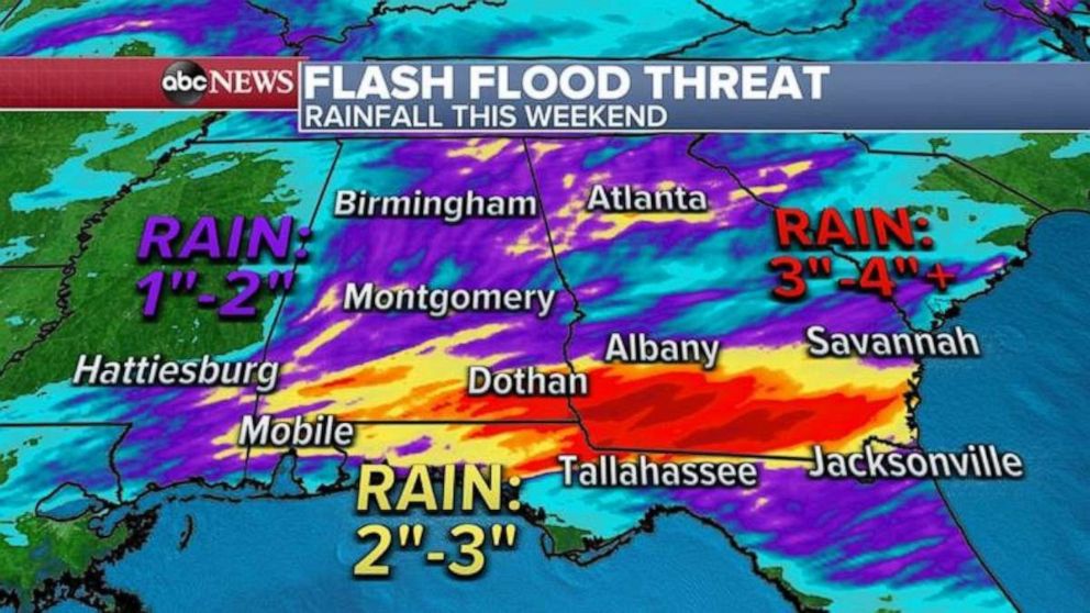 PHOTO: Locally, over 4 inches of rain is possible with Saturday's storms across southern Mississippi and southern Georgia.