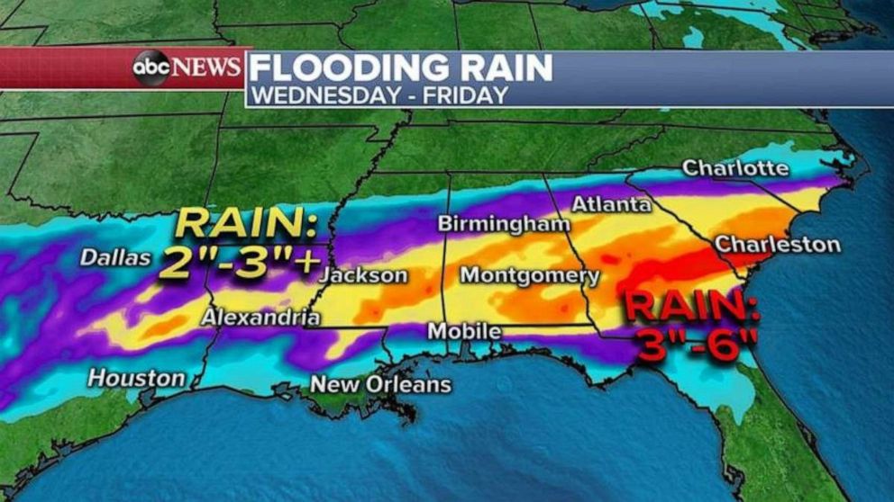 PHOTO: In addition to a tornado threat and damaging winds, there is flash flooding threat for the South from Louisiana to Georgia.
