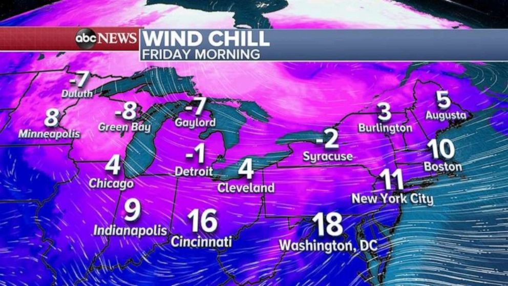 PHOTO: By Friday morning, wind chills will be below zero from the northern Great Lakes into parts of the Northeast.