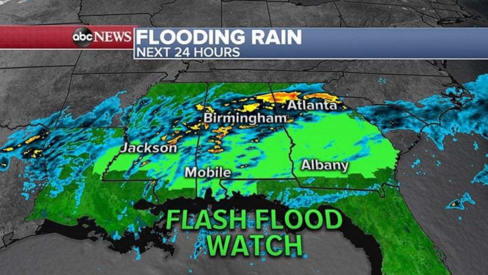 PHOTO: This weather system is bringing a lot of rain to the South, flood watches still continue Thursday morning for five states. 