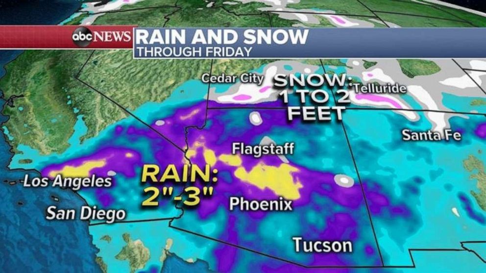 PHOTO: In addition to the heavy rain in the Southwest, heavy snow is forecast for the southern Rockies, where in some areas, 1 to 2 feet is possible in the next couple of days.