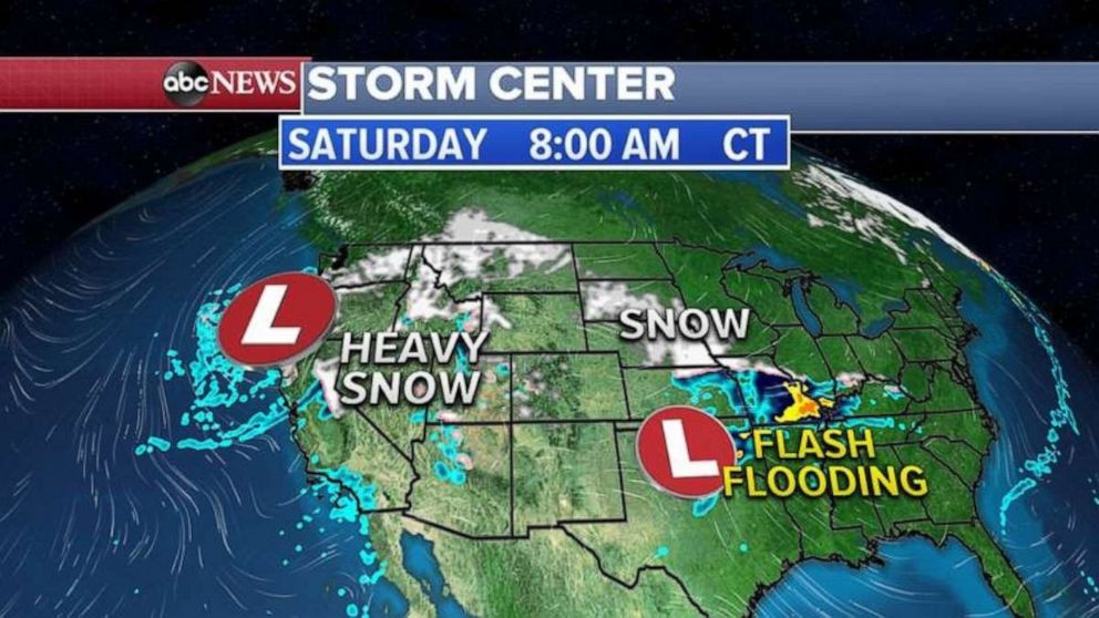 PHOTO: By Saturday, the Southwest storm will move into the Plains with snow to the north and heavy rain and some flash flooding possible in the southern Plains. 