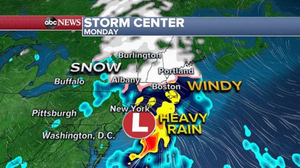 PHOTO: The coastal low will ride fairly close to the coast line late on Monday and become a little more organized. As a result, rain will intensify close to the major cities, but snow will become a little heavier in parts of interior New England.