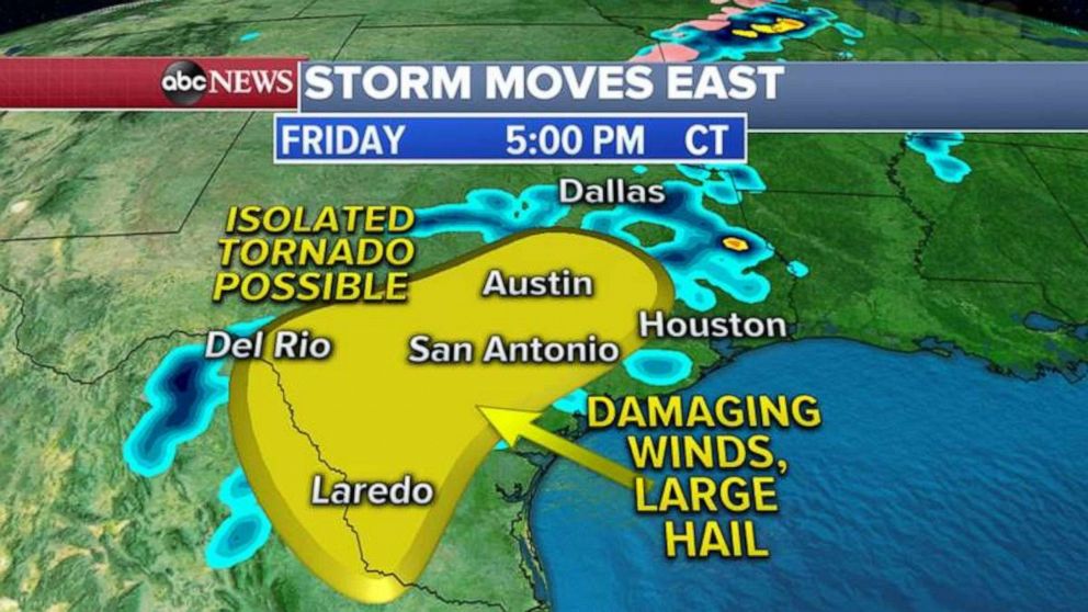 PHOTO: This cold front will reach southeastern Texas Friday afternoon, where severe weather is possible. The biggest threats with these severe thunderstorms will be damaging winds in excess of 60 mph.