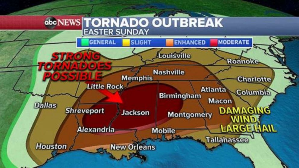 PHOTO: All forecasting tools are indicating that a significant tornado outbreak will occur on Easter Sunday – with a large moderate risk from Louisiana to Alabama. 