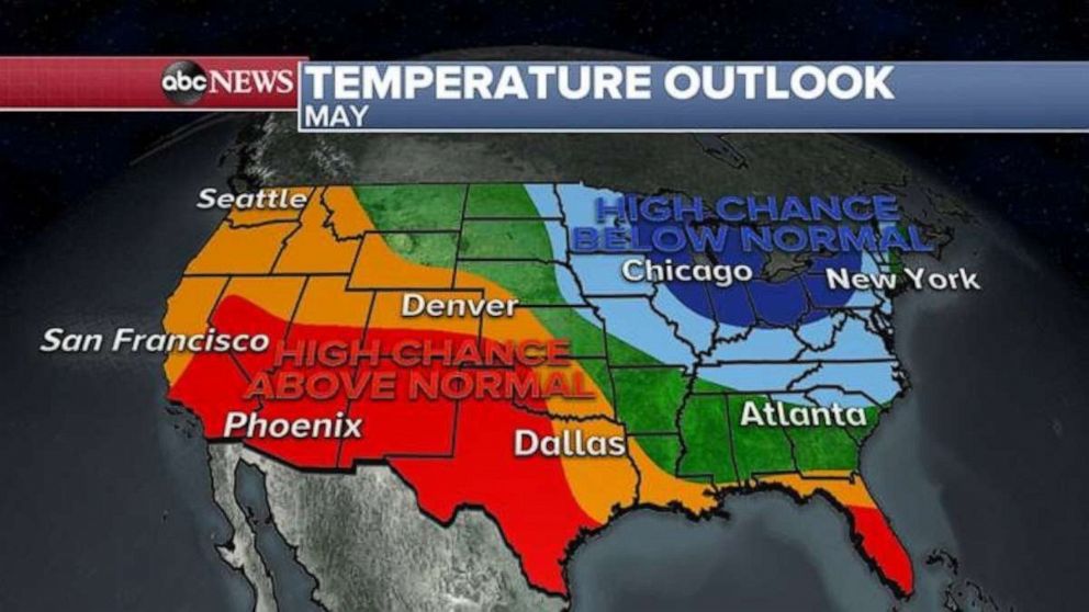 PHOTO: The May temperature forecast is once again peculiar with an overall pattern that suggests more chances for below-average temperatures in the Great Lakes and Northeast.