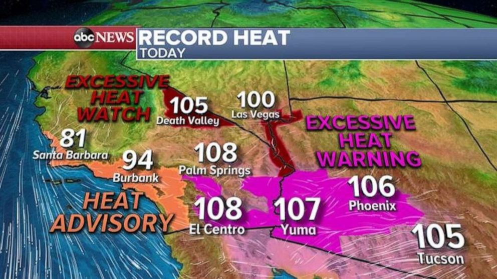 PHOTO: Records are possible Wednesday in Phoenix (106), Yuma, Arizona, (107,) and Palm Springs, California (108.)