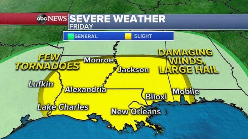 PHOTO: This storm will bring severe weather to the Gulf Coast from Texas to Mississippi. In the South, there is the possibility for damaging winds, large hail and a few tornadoes.
