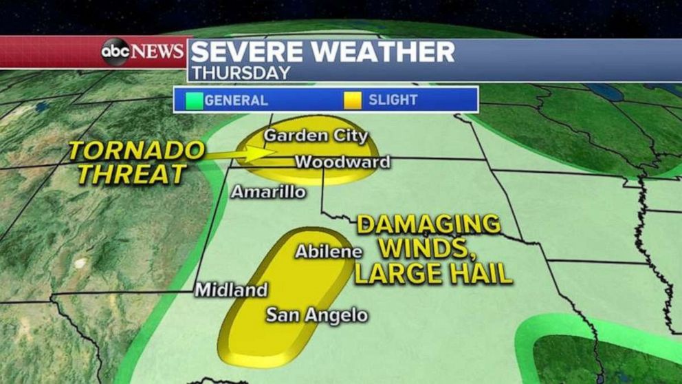PHOTO: The severe weather threat shifts into Kansas, Oklahoma and Texas Thursday, where damaging winds and large hail will be the biggest threat. Tornadoes can’t be ruled out in western Kansas and Oklahoma.  