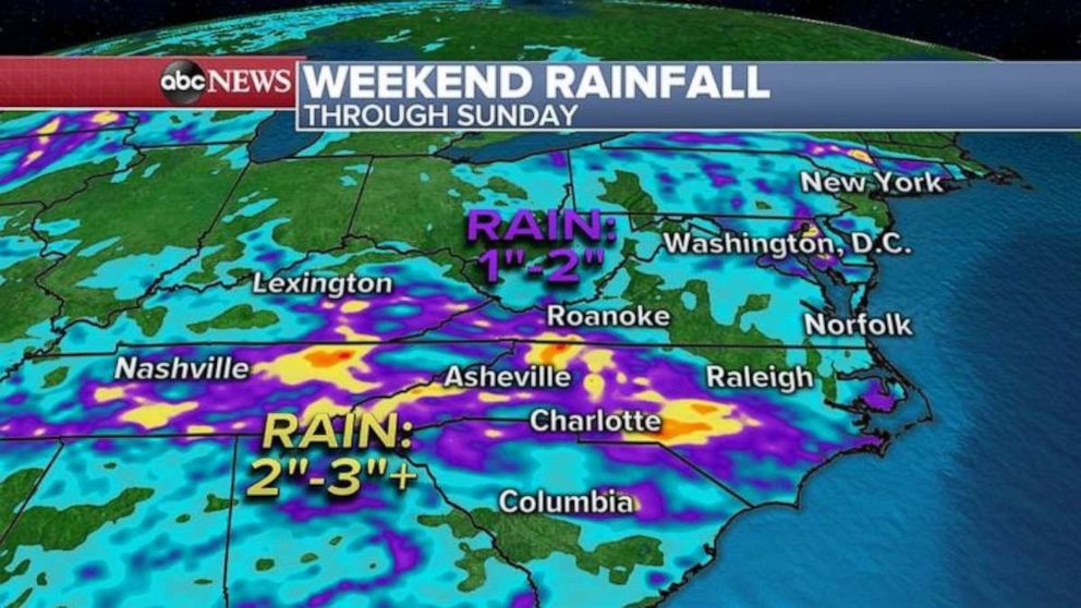 PHOTO: An additional 2 to 3 inches of rain is possible Saturday in spots from Tennessee into the Carolinas.