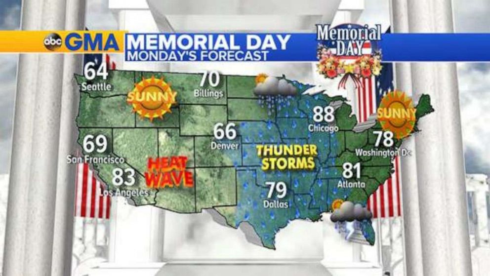 PHOTO: Memorial Day is looking dry on both coasts, with the exception of Florida. The middle of the country is looking at shower & thunderstorm chances for Monday.