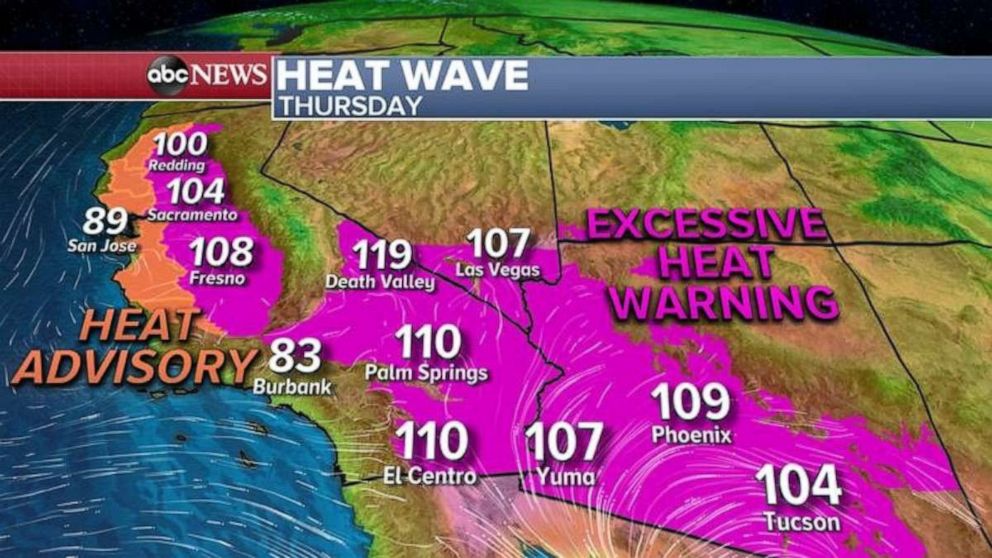 PHOTO: Numerous heat warnings and advisories are issued from northern California to Nevada and into large parts of Arizona on Thursday as record highs are possible again.