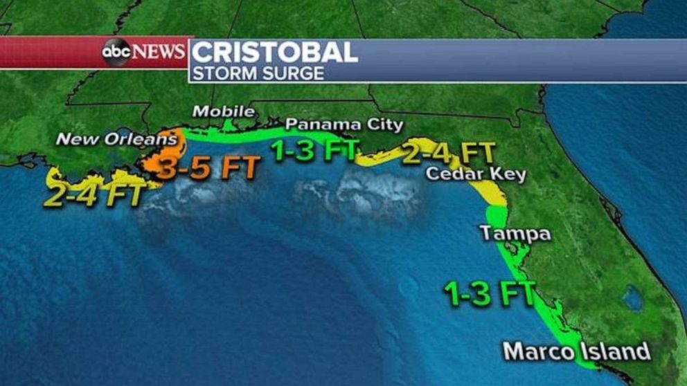 PHOTO: The most concerning aspect of Tropical Storm Cristobal will be water. There is a storm surge warning for parts of southern Louisiana and Mississippi where locally 3-5 feet of storm surge could be possible.