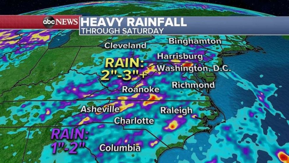 PHOTO: This slow-moving area of low pressure will continue to meander in the Mid-Atlantic over the next few days bringing a chance for more rain and thunderstorms.