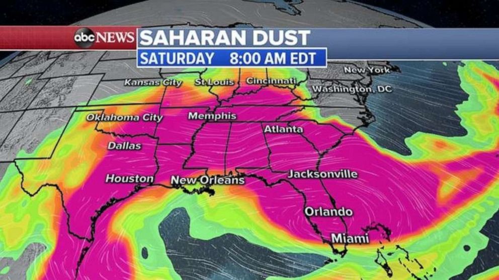PHOTO: Saharan dust is expected to continue to spread over much of the southern U.S. Air quality alerts are being posted Friday morning in Louisiana due to the high concentration of dust particles in the air.