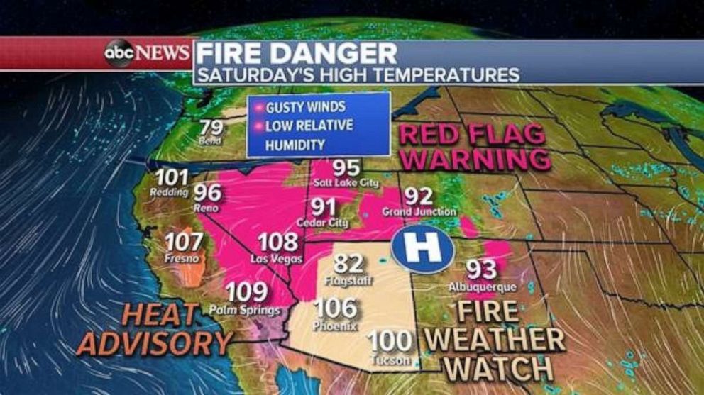 PHOTO: There is a large area from California to Colorado under some type of fire weather alert over the next few days due to dry, gusty winds and low relative humidity.