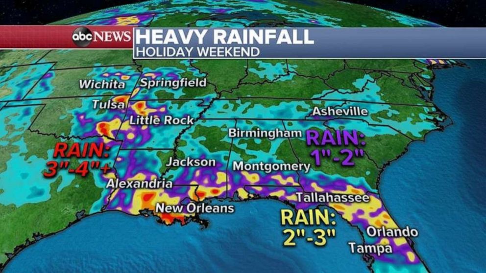 PHOTO: The biggest threat in the South will be heavy rain that could produce flash flooding, where some areas could see more than 4 inches of rain.
