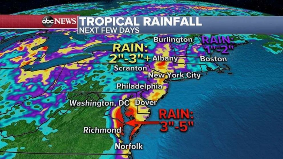 PHOTO: Locally 3 to 5 inches of rain could fall from this system in the Mid-Atlantic and 3-plus inches of rain is possible from New Jersey to upstate New York and into parts of New England.