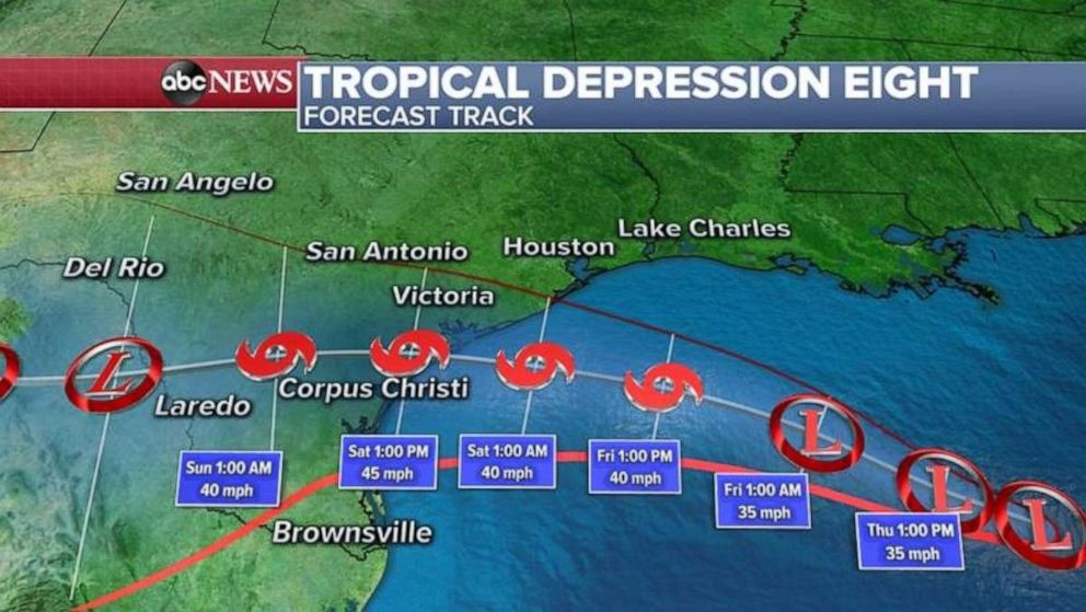 PHOTO: The most imminent storm is tropical depression eight, which is forecast to become weak Tropical Storm Hanna. It is forecast to bring heavy rain and flash flooding to Texas.
