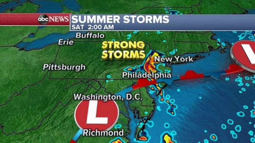 PHOTO: Then it appears another wave of strong storms will arrive early Saturday morning in parts of New Jersey, eastern Pennsylvania and perhaps New York City.