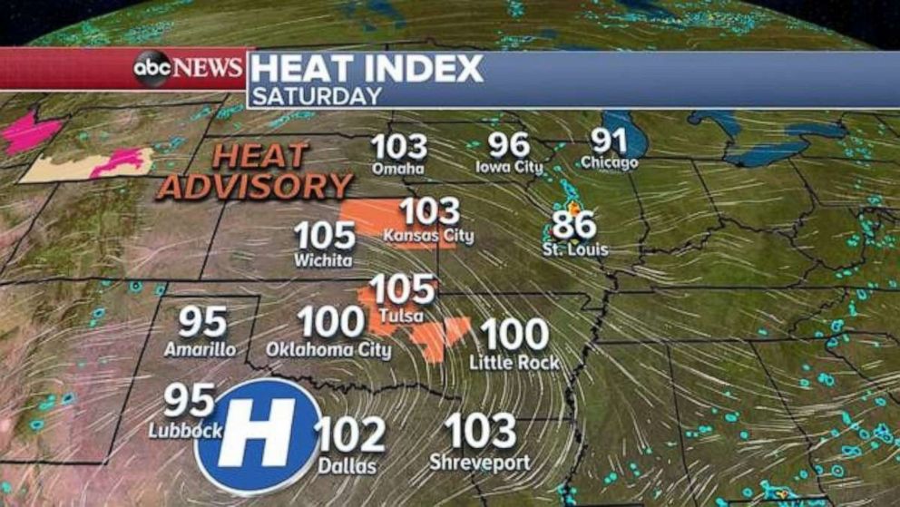 PHOTO: Meanwhile in the south-central U.S., some of the summer heat will try to build this weekend. The heat index in parts of Oklahoma and Kansas is expected to be over 100 degrees. 