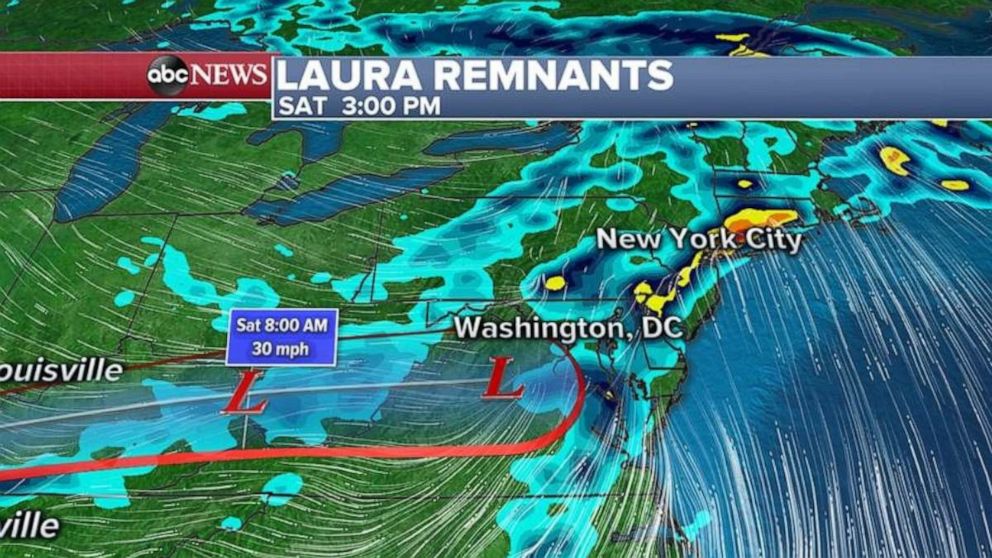 PHOTO: Laura will combine with a cold front and will bring heavy rain and a threat for flash flooding to the Northeast Saturday from Philadelphia to New York City.