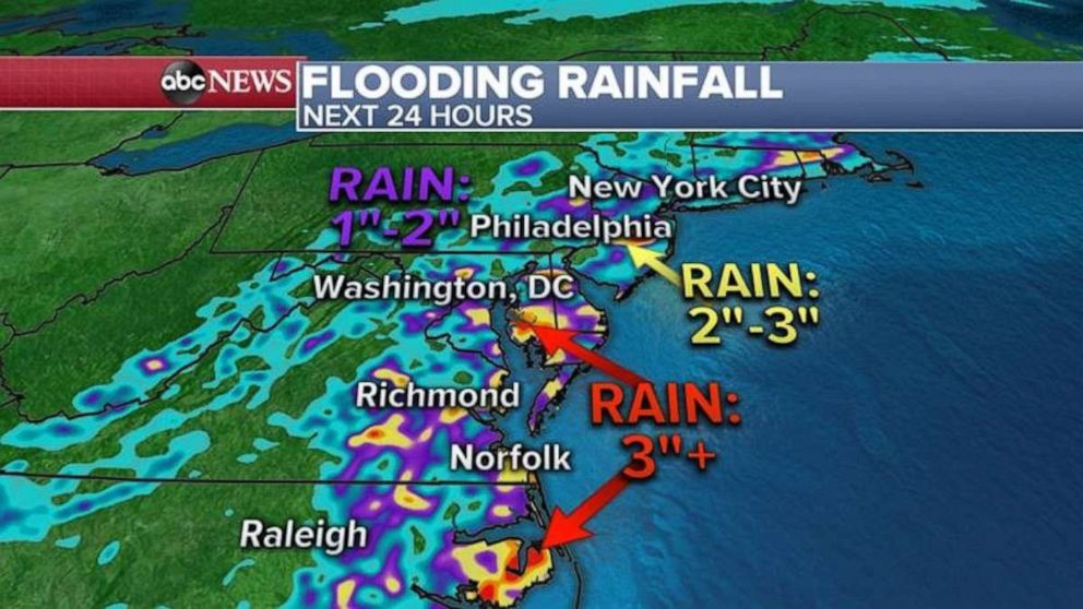 PHOTO: Locally, some areas could see more than 3 inches of rain in a short period of time, which could cause flash flooding D.C. to New York.