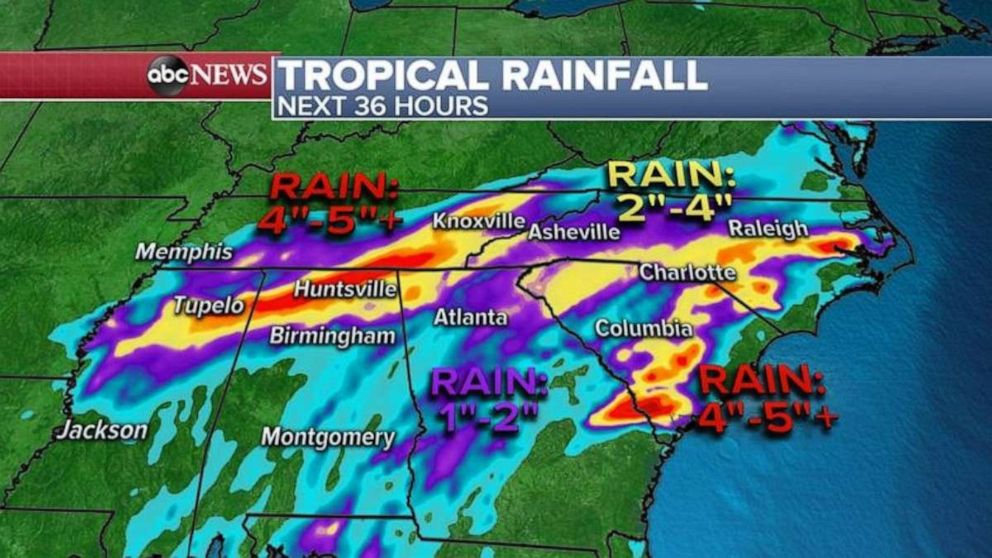 PHOTO: The forecasted rainfall totals could reach 2 to 5 inches from Alabama to Tennessee and into the Carolinas.