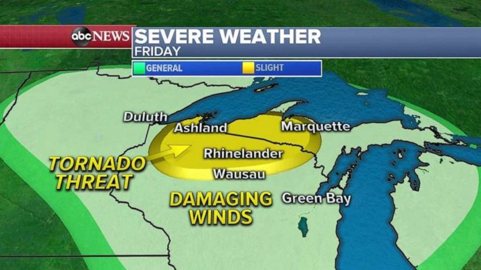 PHOTO: In the Great Lakes, a cold front is expected to move through Friday afternoon and evening and is forecast to produce severe thunderstorms with damaging winds, large hail and a few tornadoes.