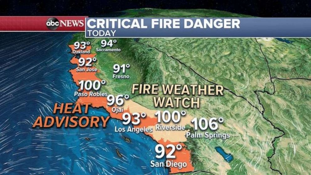 PHOTO: In northern California, there is a red flag warning due to hot, dry winds that could gust near 50 mph Thursday. Near record high temperatures are also expected in region.