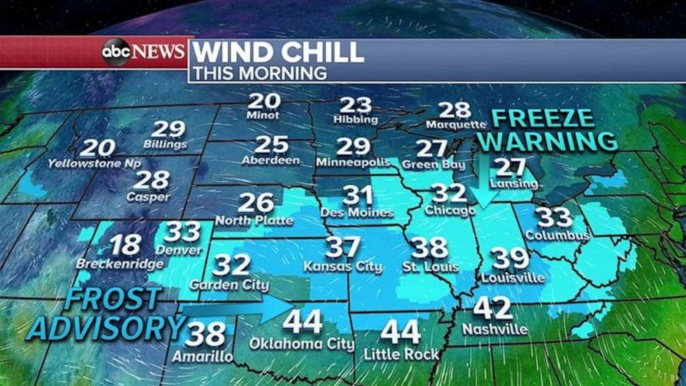 PHOTO: East of the Rockies, it’s getting cold, where it almost feels like winter for millions Friday morning.   