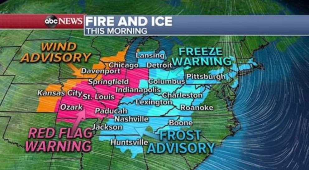 PHOTO: In a rare event, the fire risk in the Midwest comes at the same time there are cold weather alerts. 