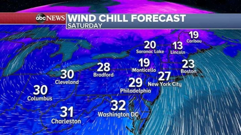 PHOTO: The coldest air of the season will follow behind the storm, bringing wind chills all the way down into the teens and 20s for most of the Northeast by Friday night into Saturday morning